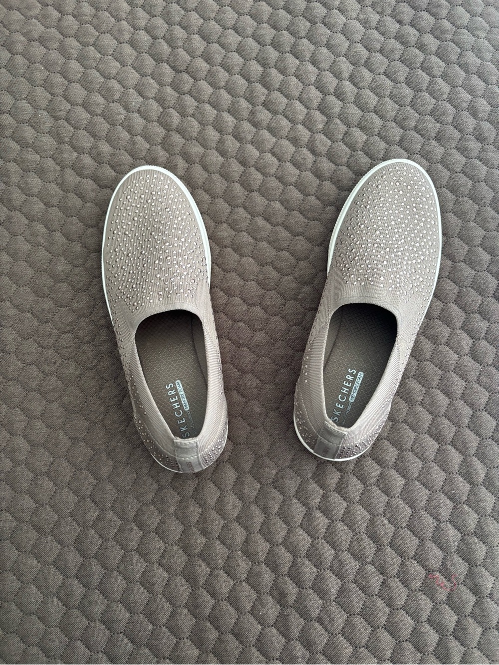 Skechers Slip-On Loafers in Taupe with Rhinestone Accents